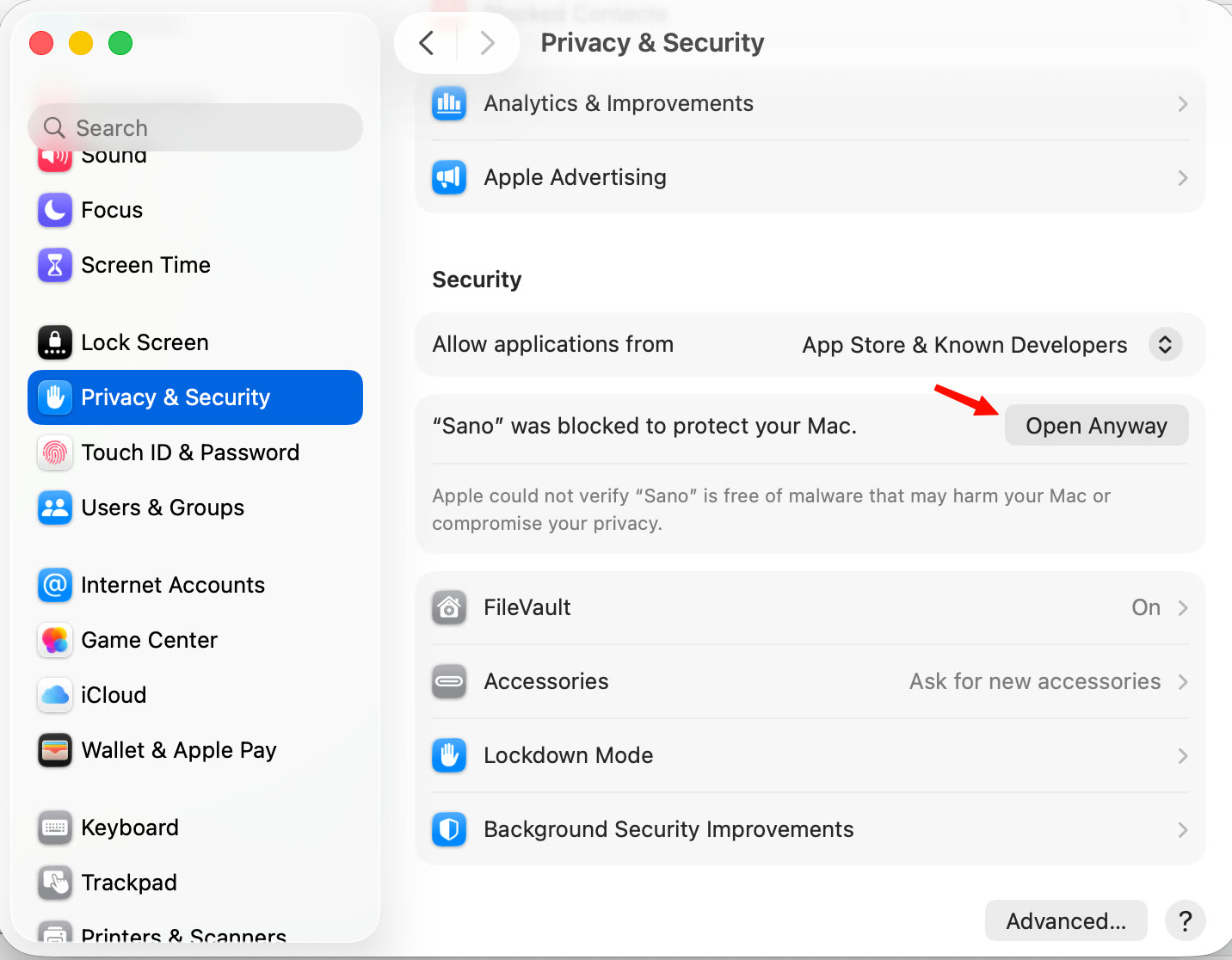 macOS, Cài đặt hệ thống → Quyền riêng tư & Bảo mật: dòng Sano bị chặn và nút Vẫn mở (Open Anyway)