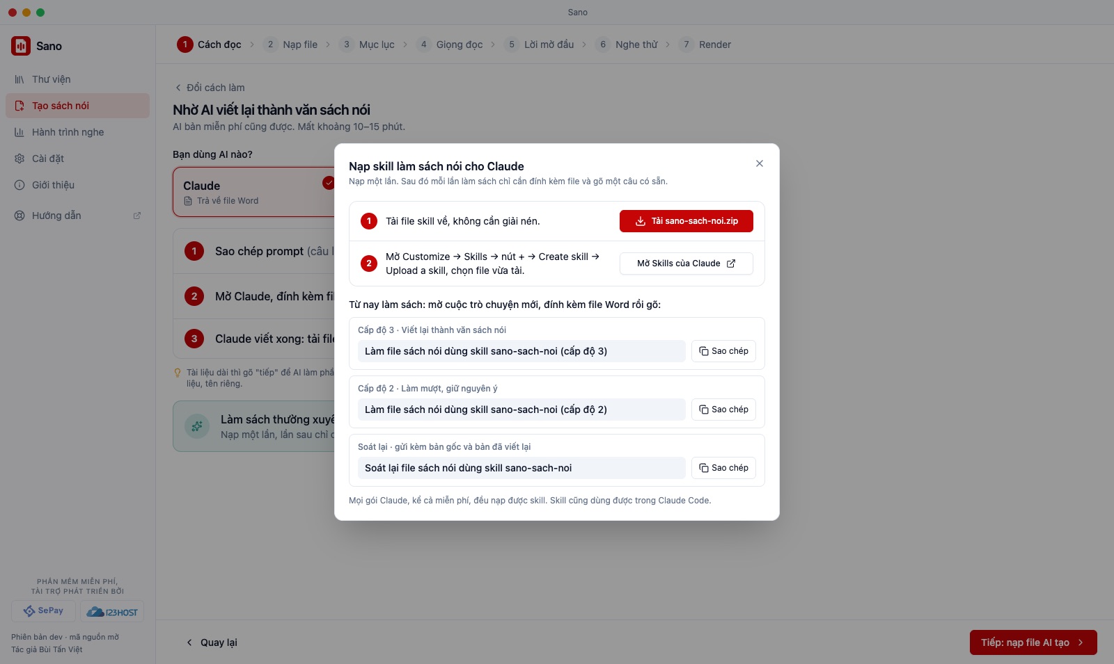 Hộp Nạp skill cho Claude: tải file skill, mở Skills của Claude, và các câu gõ mẫu có nút Sao chép