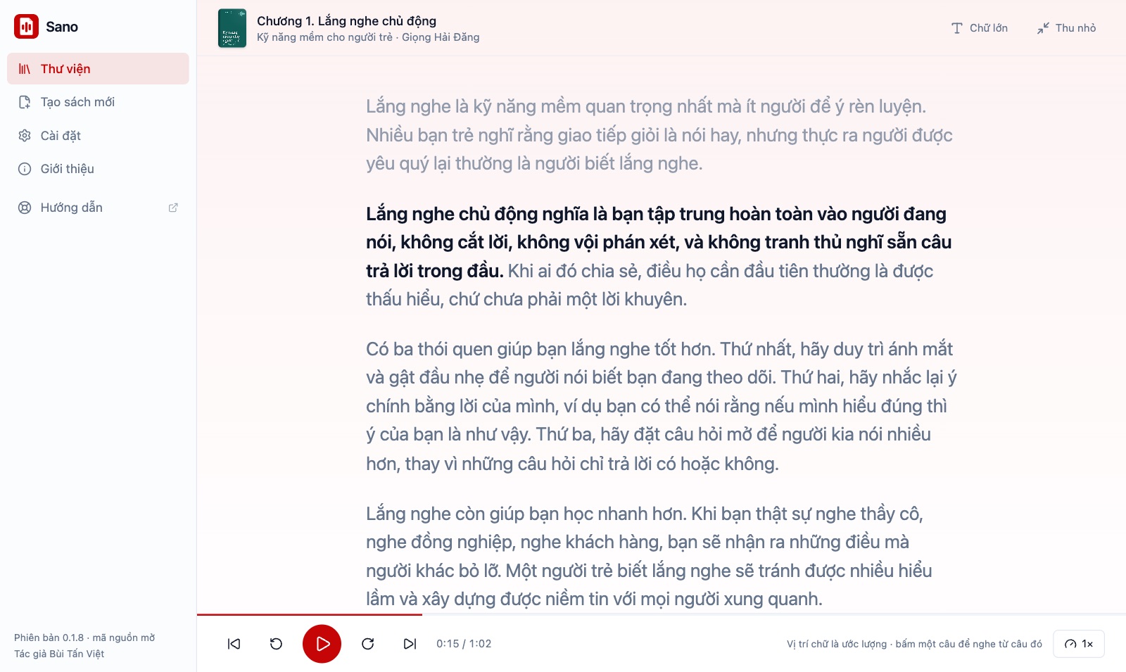 Màn Xem lời: câu đang đọc in đậm, câu đã đọc mờ, thanh điều khiển ở đáy