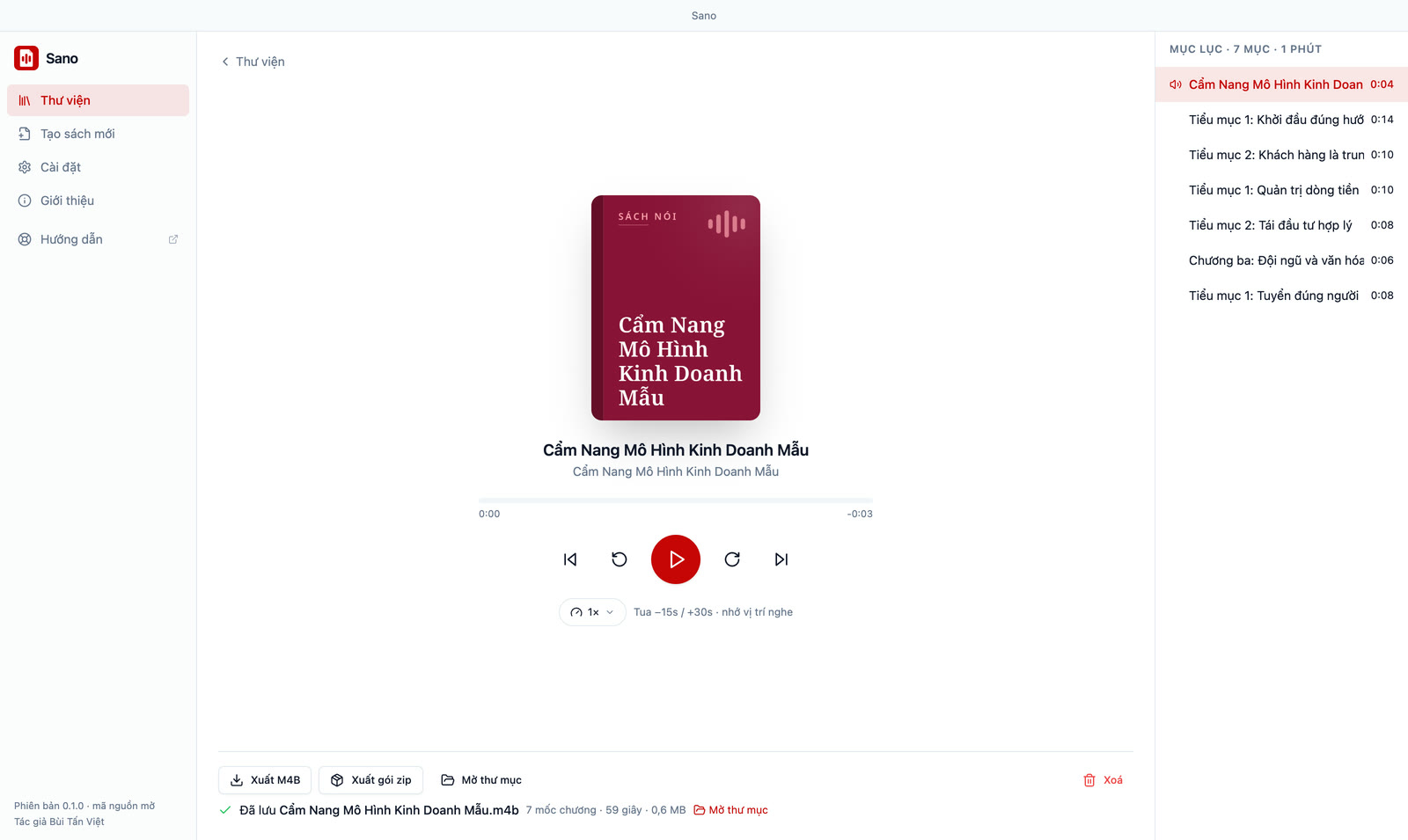 Trình phát với nút Xuất M4B, Xuất gói zip; dòng báo đã lưu file M4B kèm số mốc chương